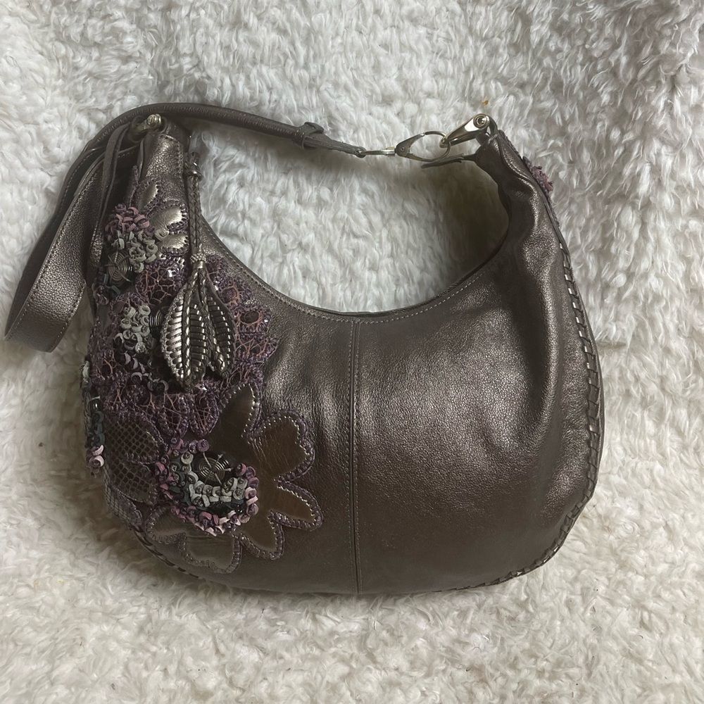 BRIGHTON FABIOLA METALLIC BRONZE 3D FLORAL APPLIQE EMBROIDERED SHOULDER BAG